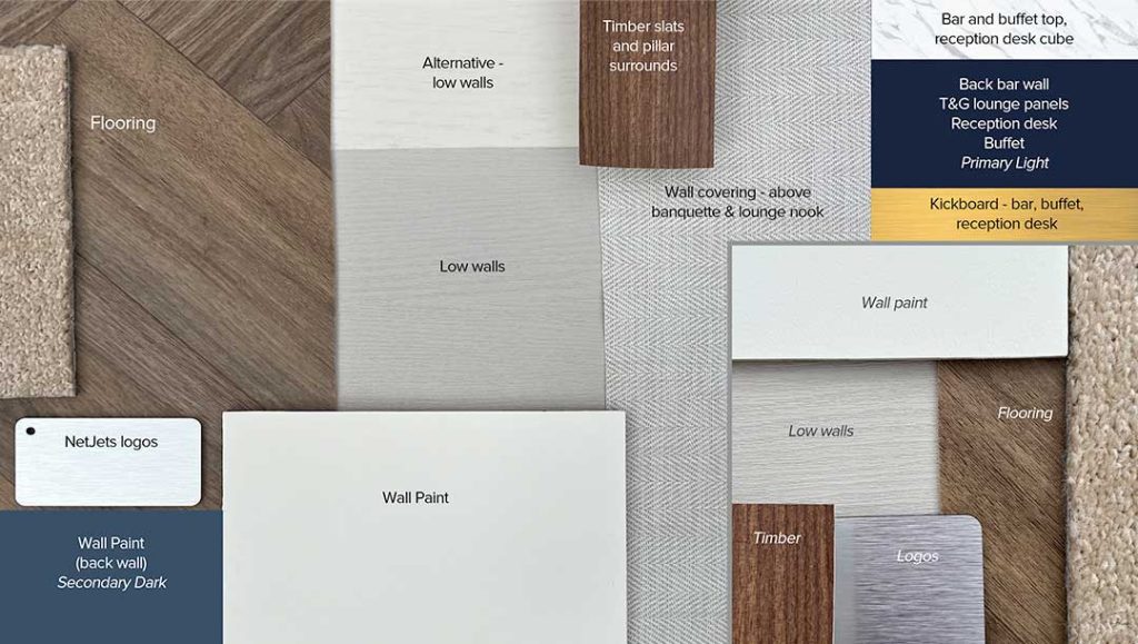 netjets case study with production bureau spatial and design team blueprint plans, colour scheme and material layout