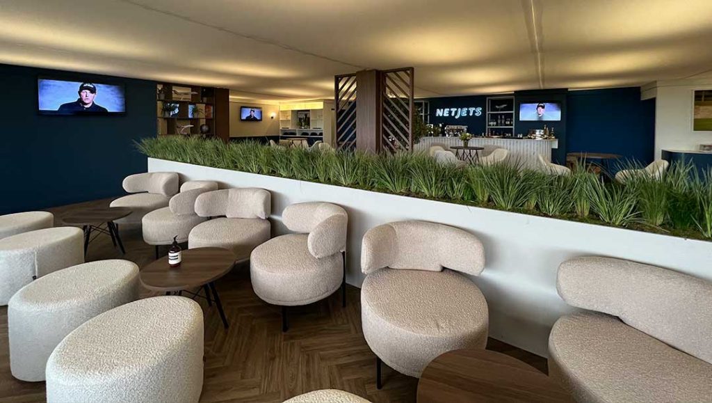 netjets private aircraft solutions lounge area designed and built by production bureaus team, using sustainable materials