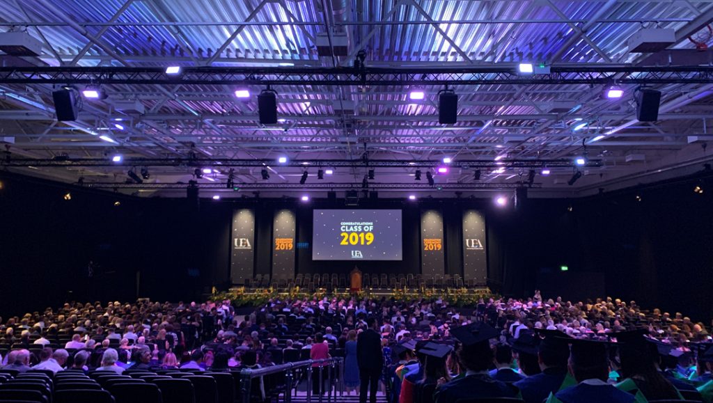 uea university of east anglia graduation ceremony set audio lighting designed by production bureau