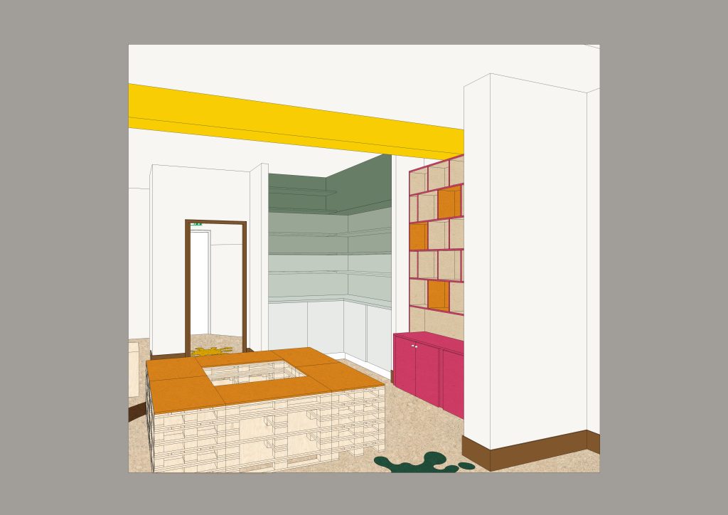 production bureau spatial and set team designing clare school indoor shop space