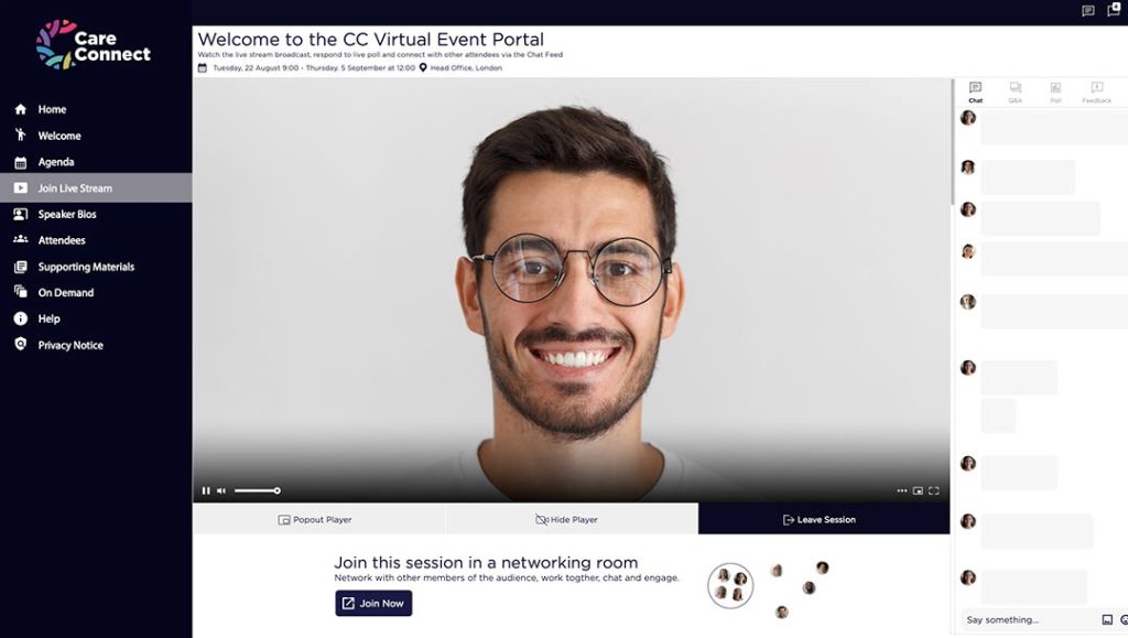 Virtual event services for conferences, exhibitions, product launches, meetings, training sessions, and award ceremonies